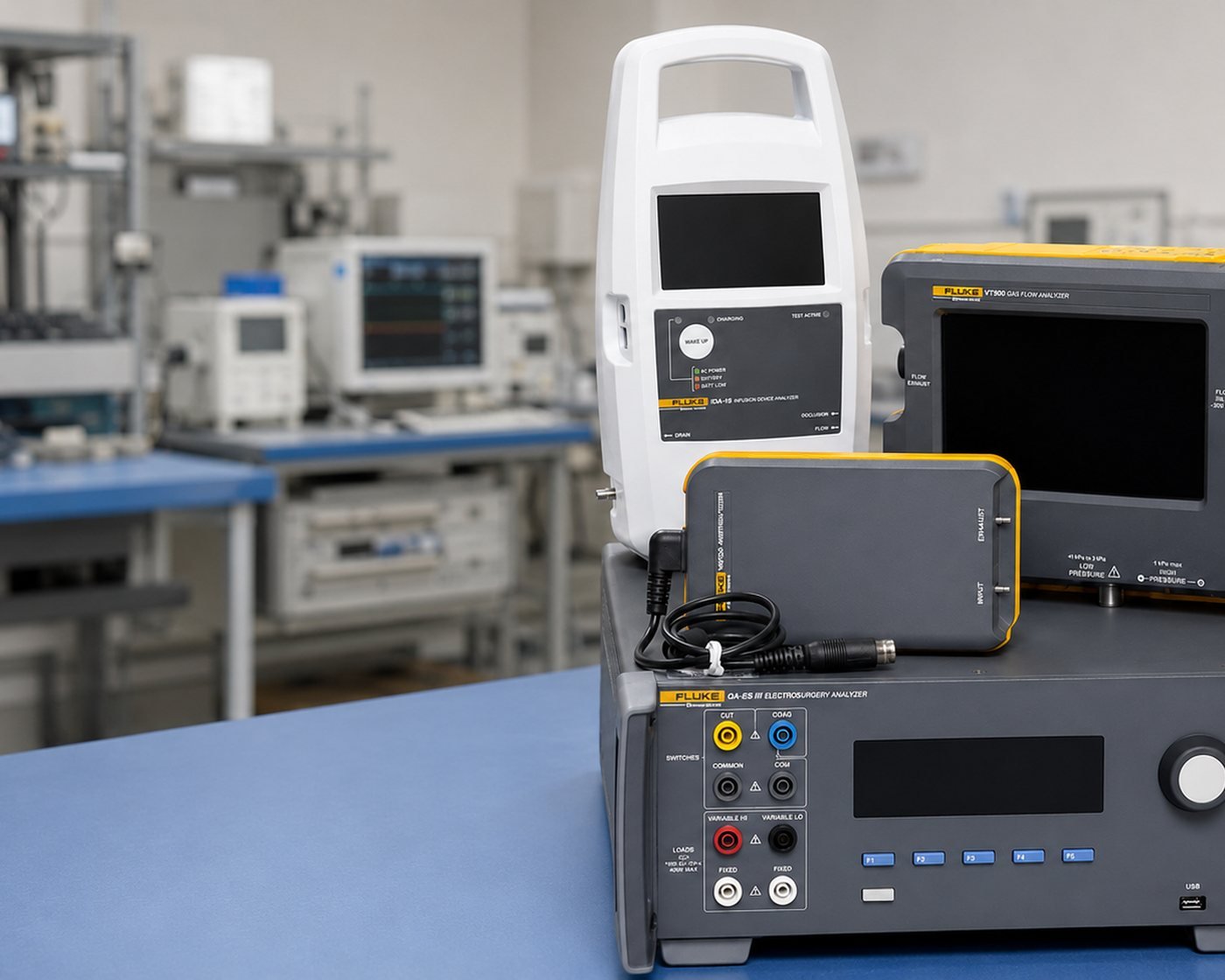 Clinical engineering workbench with test equipment, oscilloscope and a patient monitor under inspection