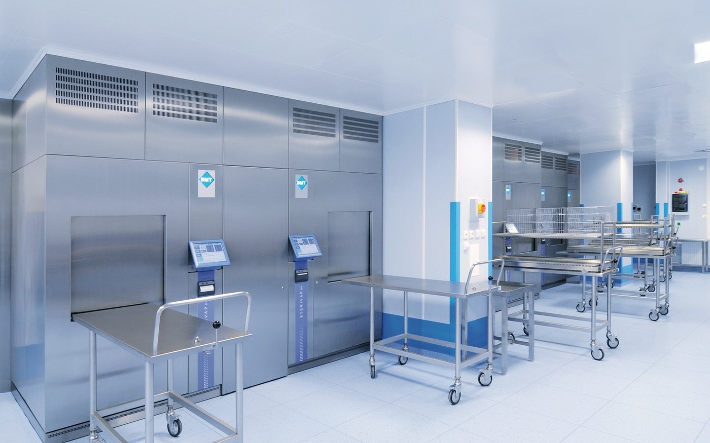 Large stainless steel autoclave in a sterile processing department
