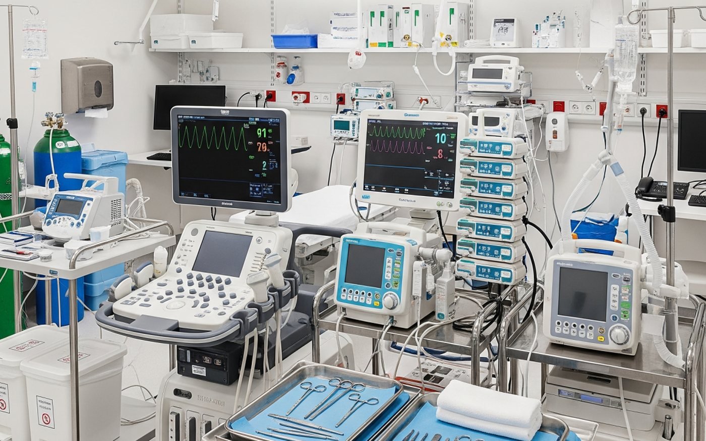 Intensive care environment with monitors, ultrasound and critical care equipment