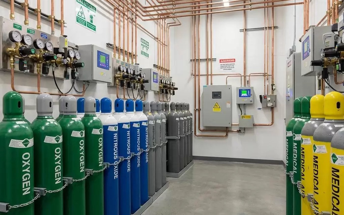 Hospital medical oxygen manifold with control panels and copper distribution piping